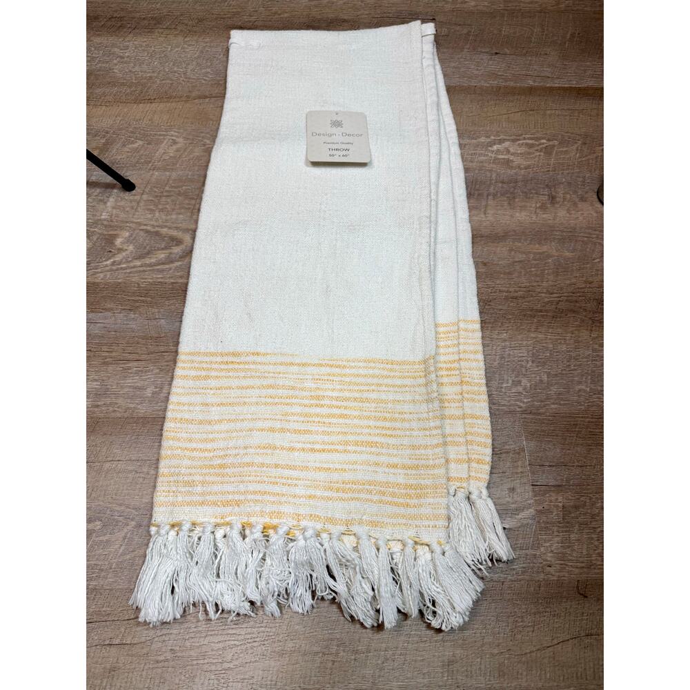 Cotton Throw Blanket Farmhouse Cottage Core White and Yellow Striped - Picture 3 of 4